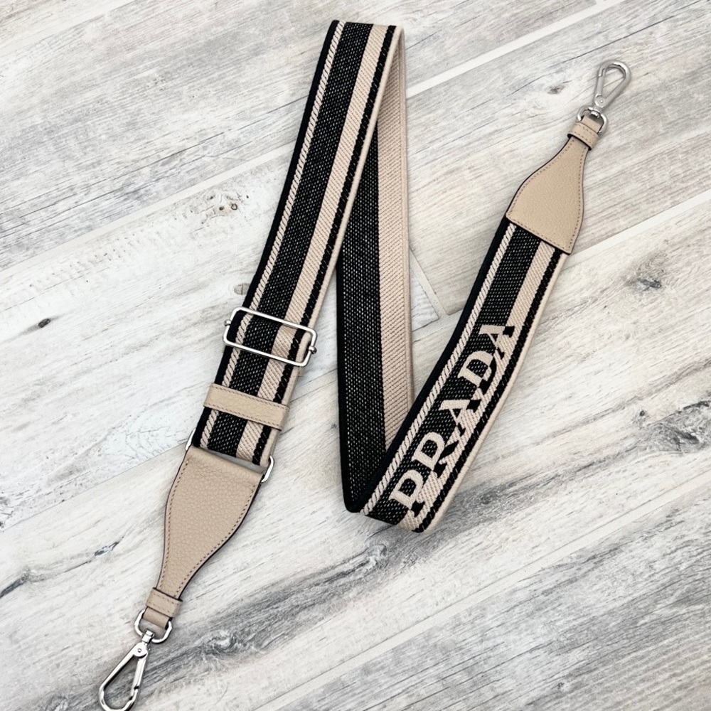 Prada Beige Sand Black Embroidered Logo Woven Adjustable Shoulder Strap
